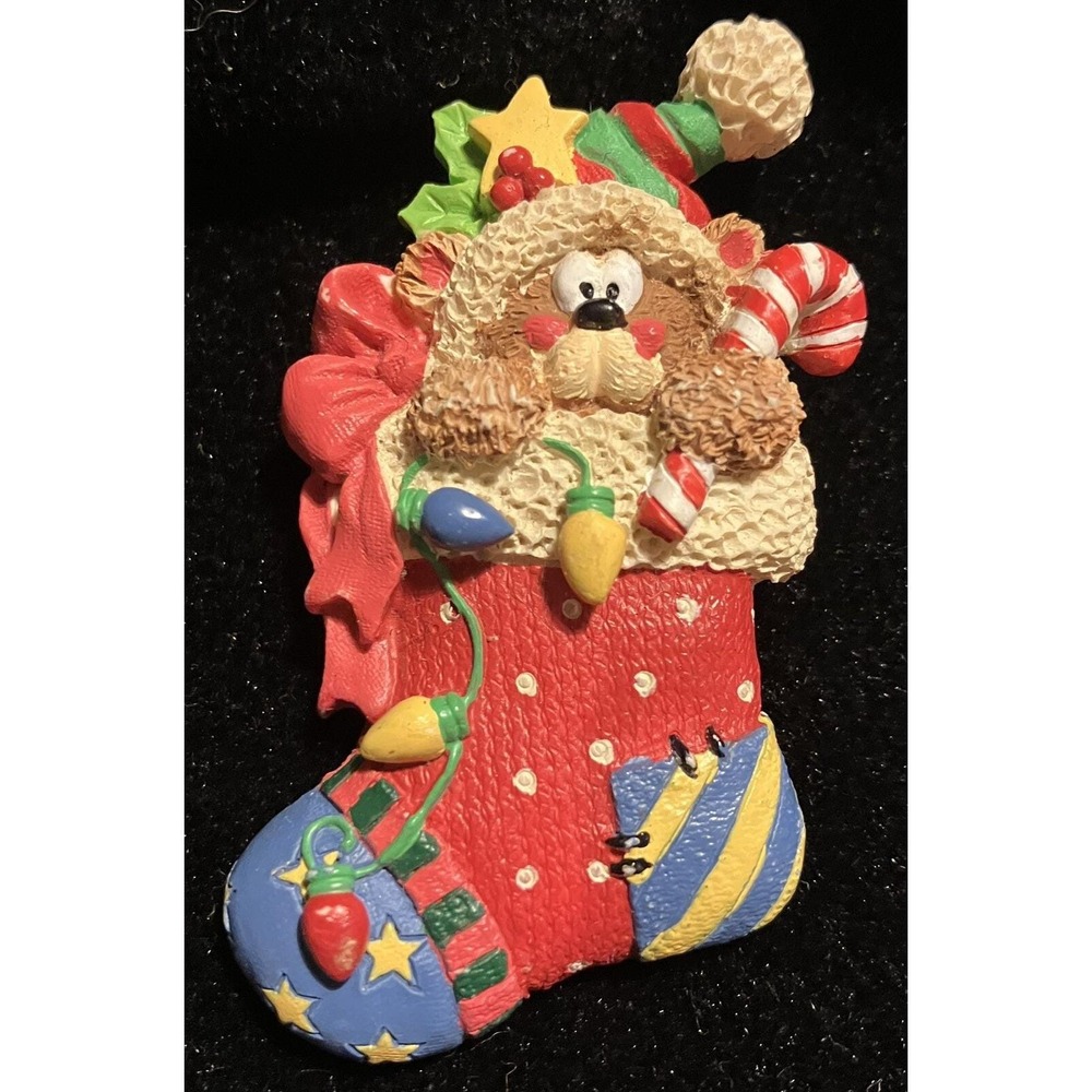 Vintage Christmas Teddy Bear Stocking Brooch Pin Resin Holiday Candy Cane Light